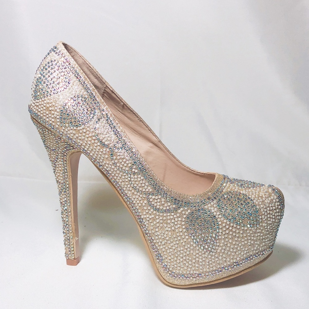New Women Rhinestone Heel  Pump Champagne Size 6.5